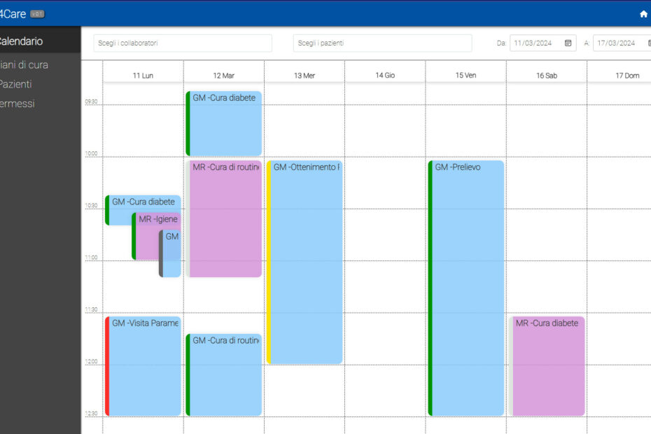 Interfaccia del software AC4Care, esempio calendario